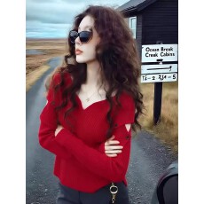 批发设计感橘色V领袖套毛衣女秋冬季修身显瘦长袖针织衫保暖内搭上衣