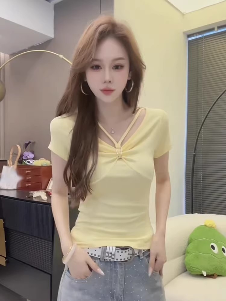 프랑스식 달콤한 매운맛 바람 백리스 펌프 로프 허리 수축 V넥 반팔 티셔츠 올해 새로운 여름 슬림해 보이는 만나는