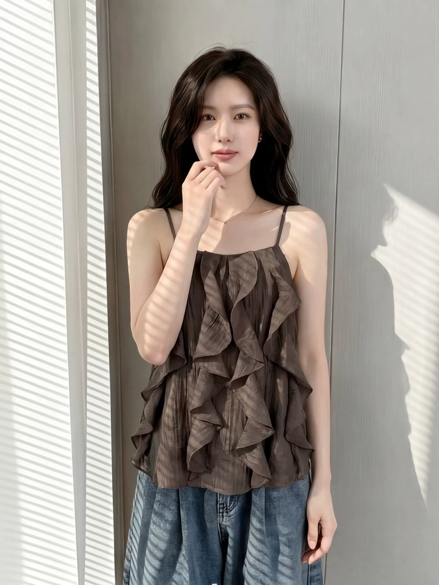 커피 색상 불규칙 프릴 캐미솔 여름 외출용 디자인 센스 품격 작은 셔츠 아름다운 그레이트 봐. 의류