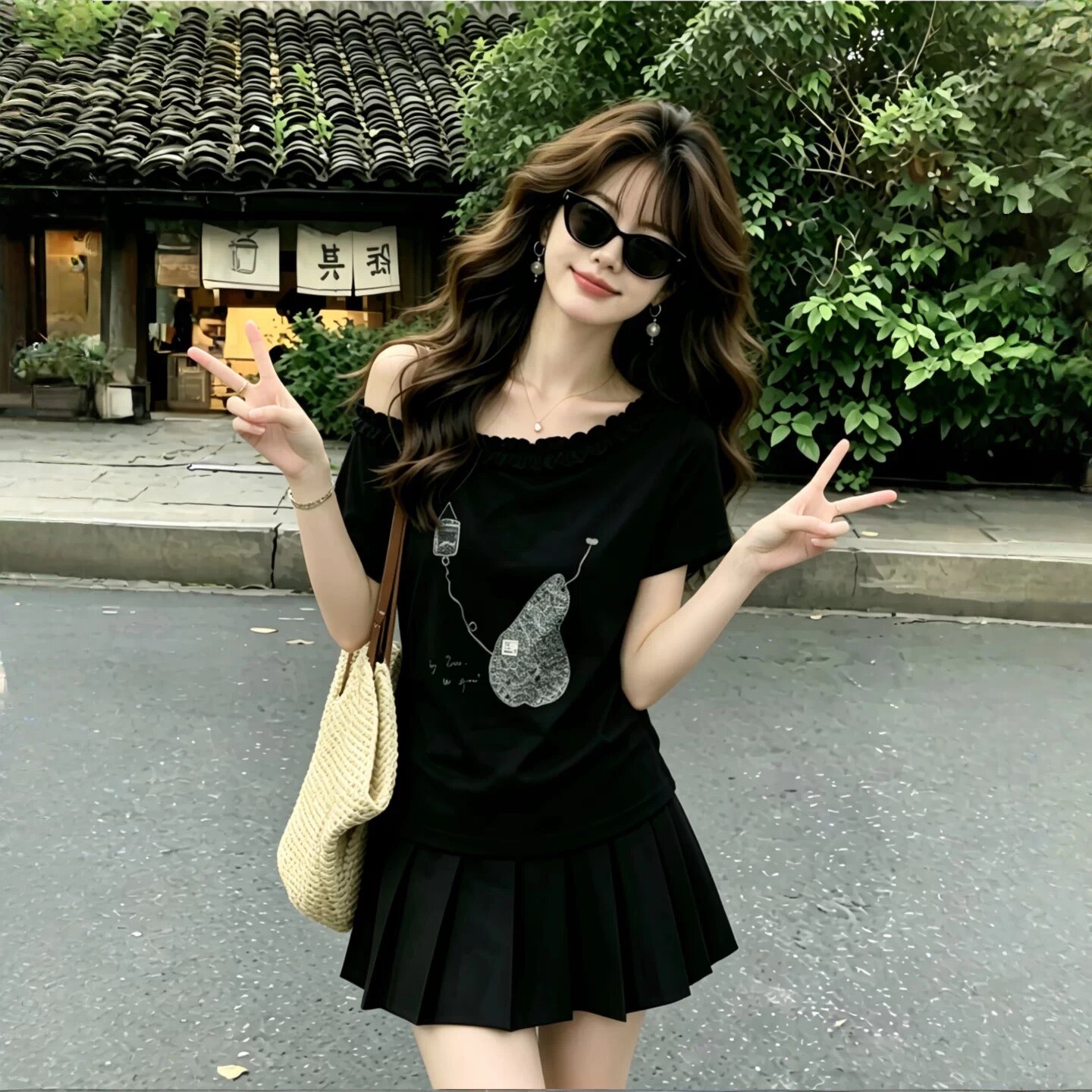 디자인 센스 오프숄더 프릴 다용도 반팔 티셔츠 2026 여름 새로운 한 부서 재미있는 프린트 Chic 맨위