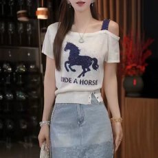 批发小狗提花针织短袖T恤女夏季设计感小众超火不撞款上衣