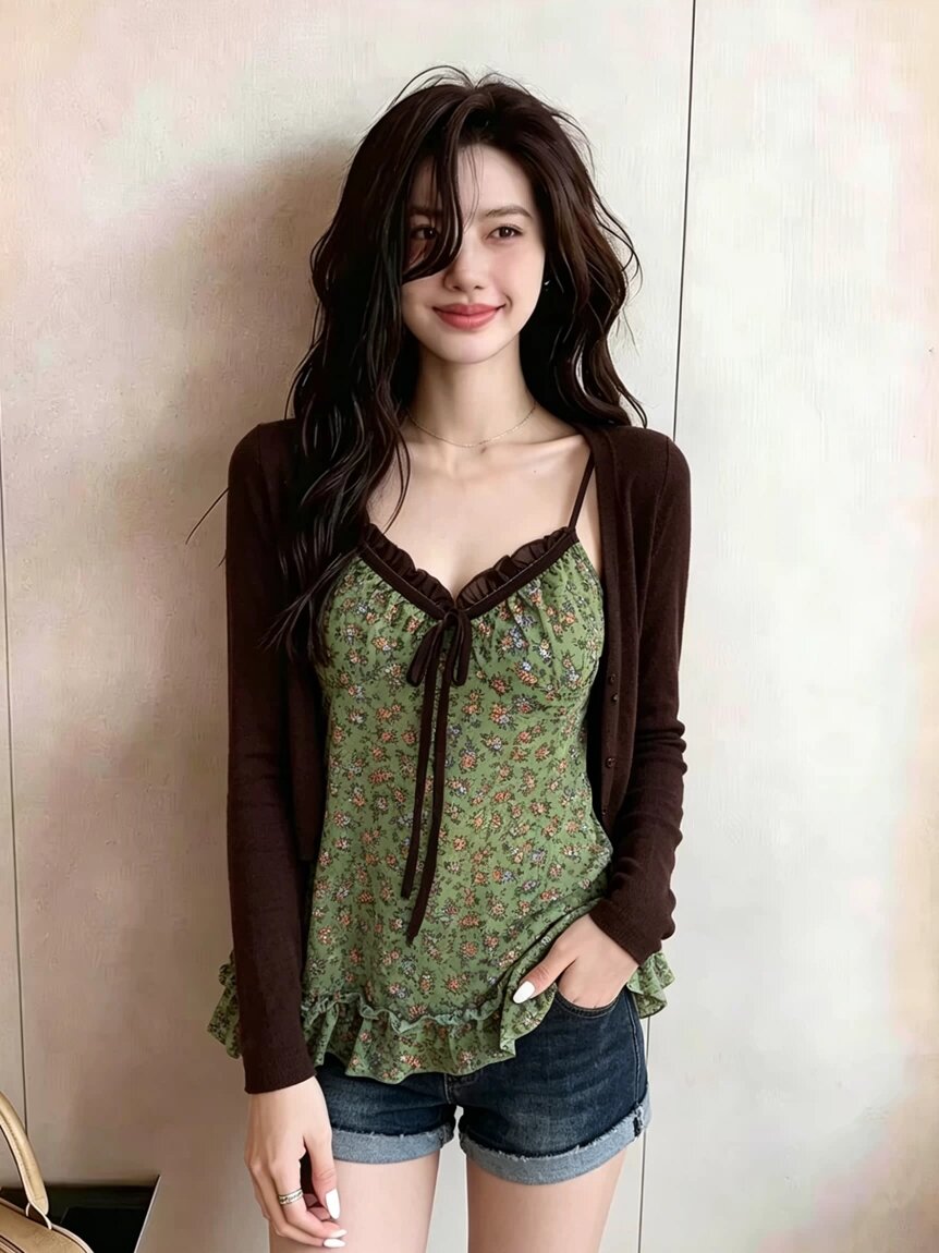 섹시함 꽃무늬 페이크 레이어드 레이스 캐미솔 여름 2026 새로운 V넥 주름 레이스 슬립 맨위