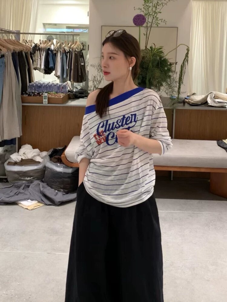 루즈핏 느슨함 센스 스트라이프 얼음 실크 자외선 차단 블라우스 여성 여름 얇은 스타일 얼음 실크 긴팔 티셔츠 알파벳 프린트 맨위
