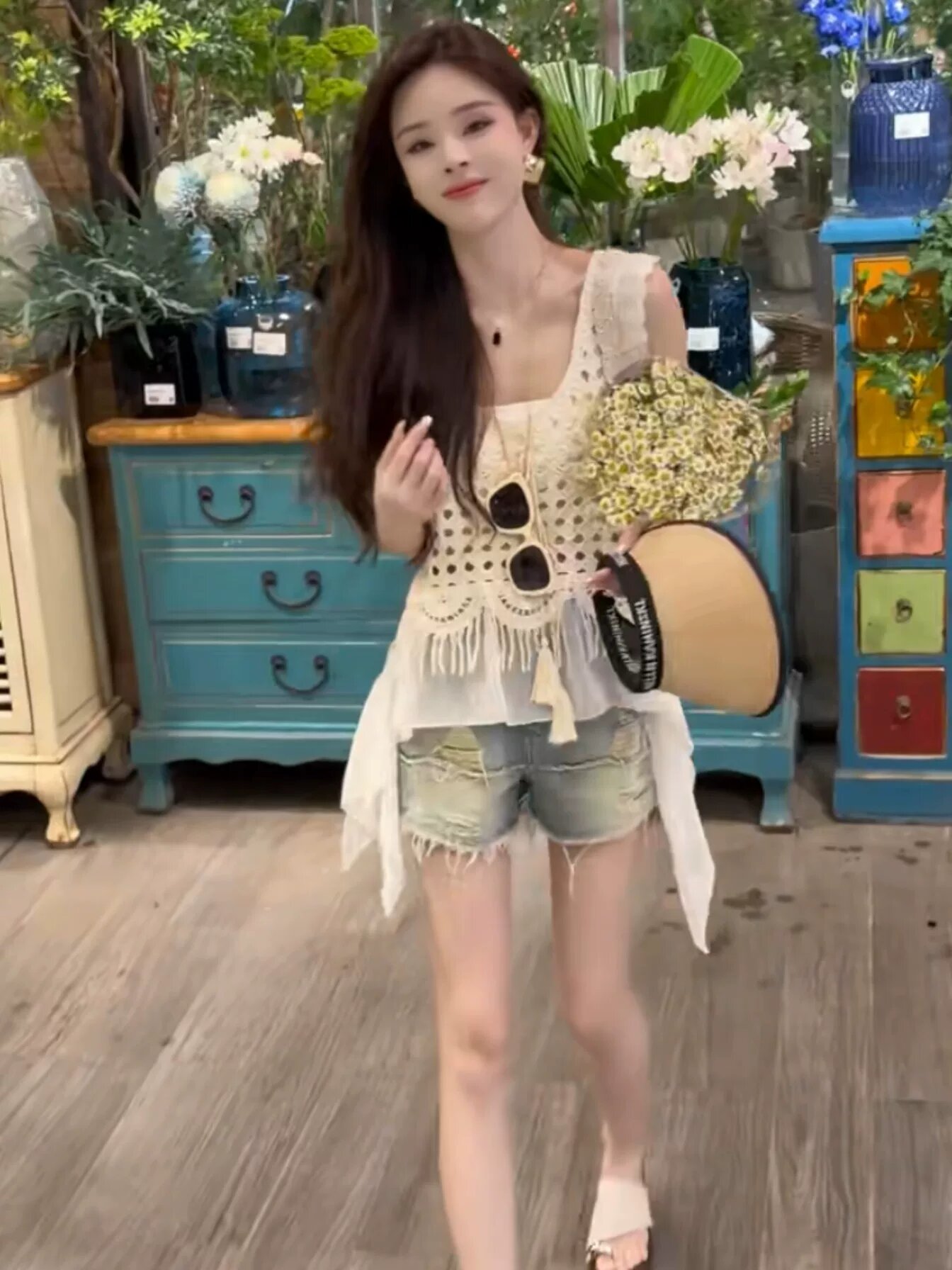한국 스타일 여름 새로운 무거운 작업 홀로우 아웃 자수 레이스 조각 슬림해 보이는 슬립 여성 고유 한 Chic 아름다운 맨위