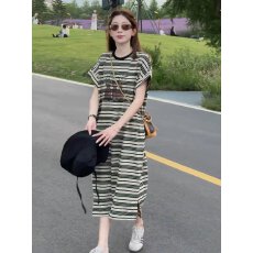 批发韩系印花条纹短袖连衣裙女2026夏季新款宽松显瘦百搭减龄<b class='q'>休闲</b>长