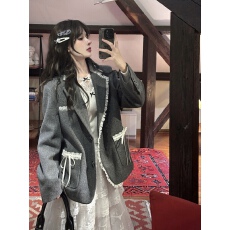 批发Bull0313【一个叁】漫雪柏林 灰色西装外套少女蕾丝花边毛呢西服