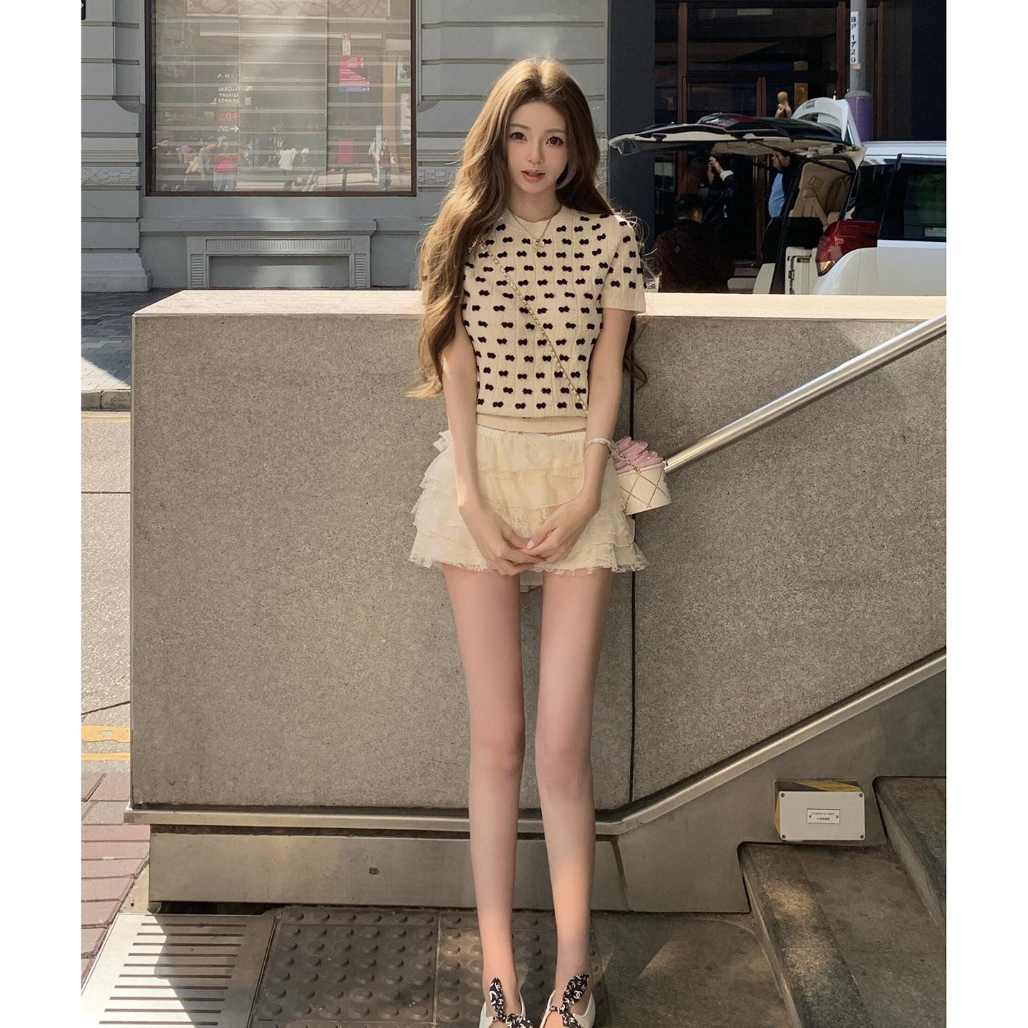 너 ~ 중 게으른 llan 사설 서비스 시리즈 나비 매듭 바람 반팔 라운드 넥 스웨터 여자 레이스 미니 스커트 여름 세트