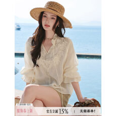 批发温蒂日记”莱赛尔棉混纺 重工立体大花边流苏系带V领法式小衫