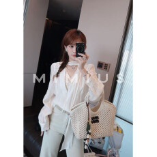 游鹿鹿 法式气质飘带V领假两件长袖衬衫女宽松显瘦设计感小众衬衣