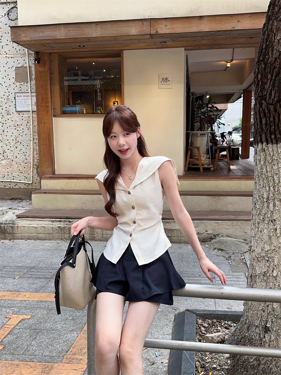 해군 리더쉽 단추 민소매 품격 셔츠 학원 스타일 세트 여성 여름 치마바지 한 마디 반신 스커트 투피스 세트
