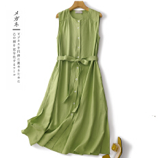 夏季新款浅绿色无袖衬衫连衣裙女度假风亚麻气质中长款绝美长裙