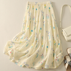 批发双层品质薄棉棉手绘涂鸦铃兰花A字显瘦蛋糕裙中长款自制