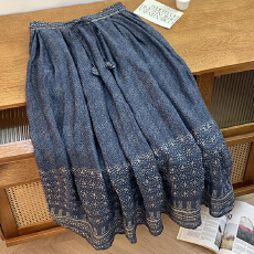 批发双层春夏季文艺民族风 复古做旧蓝拼接印花<b class='q'>棉麻</b><b class='q'>半身裙</b>