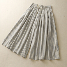 批发2026宽松<b class='q'>棉麻</b>条纹阔腿裙裤女慵懒风高腰显瘦A字七分裤