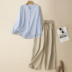 批发看的夏日穿搭松弛感清纯系蓝色防晒亚麻衬衫阔腿<b class='q'>裤</b><b class='q'>休闲</b>套<b class='q'>装</b>女