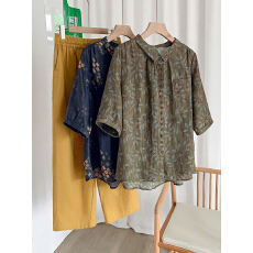 批发新款韩版大码<b class='q'>上衣</b>印花复古时尚洋气妈妈夏装+棉麻裤子