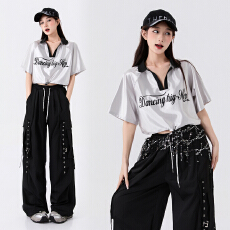 批发韩国女团打歌服<b class='q'>爵士舞</b>韩舞蹈嘻哈JAZZ表演街舞演出服银色短袖套装