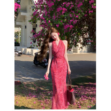 批发吃绿色菜樱落 气质无袖<b class='q'>挂</b><b class='q'>脖</b>交叉系带<b class='q'>连衣裙</b>度假长裙 内有衬裙