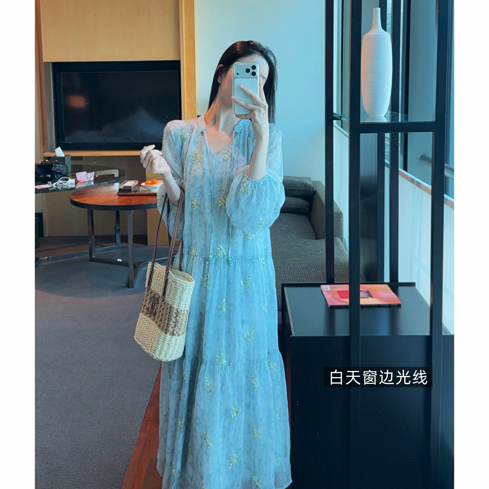 zwinnie 잔 웨이 니켈 금사 낙엽 파란색 에디션 헤일로 염색 자수 긴팔 슬림해 보이는 드레스