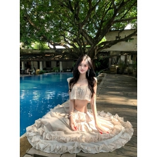 批发法式绝美海岛度假荷叶边分体吊带连衣长裙超仙女公主风氛围感套装