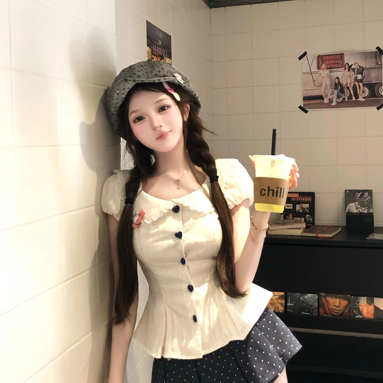 루이 茜 바다 소금 우유 표지 봄 여름 순수한 욕망 핫걸 바람 반팔 셔츠 맨위 치마 r66582-1h