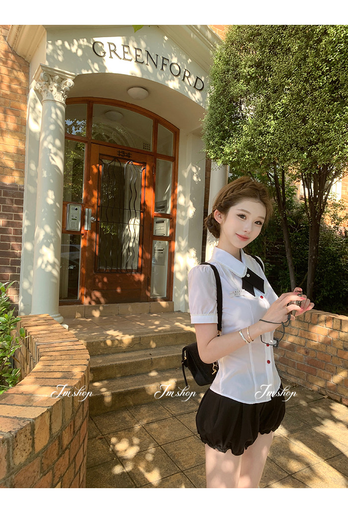 jmshop 나이 추안 실 학원 스타일 달콤함 100 주간 실크 여성 셔츠 꽃밭 반바지 배기 바지 투피스 세트