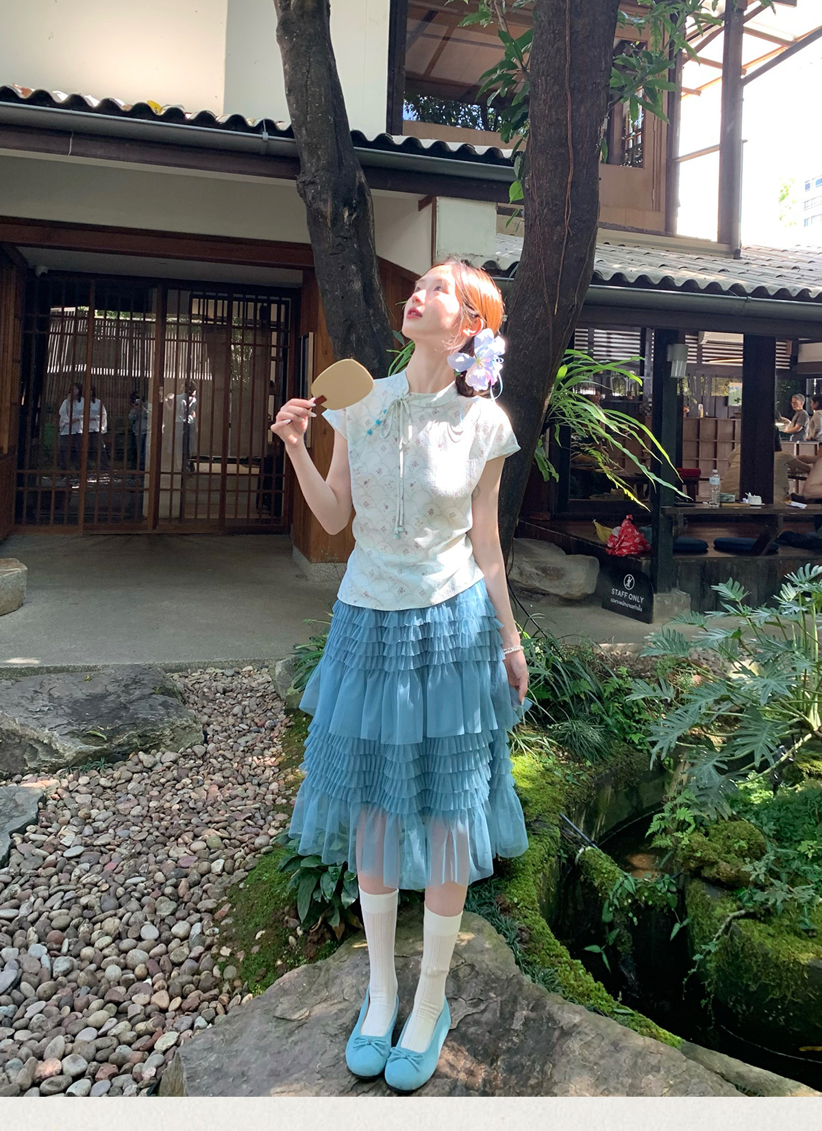 mucha 나무 차 구름 계곡 녹색 원사 개선 국풍 작은 대중 새로운 중식 반팔 맨위 망사 반신 스커트 여름 세트