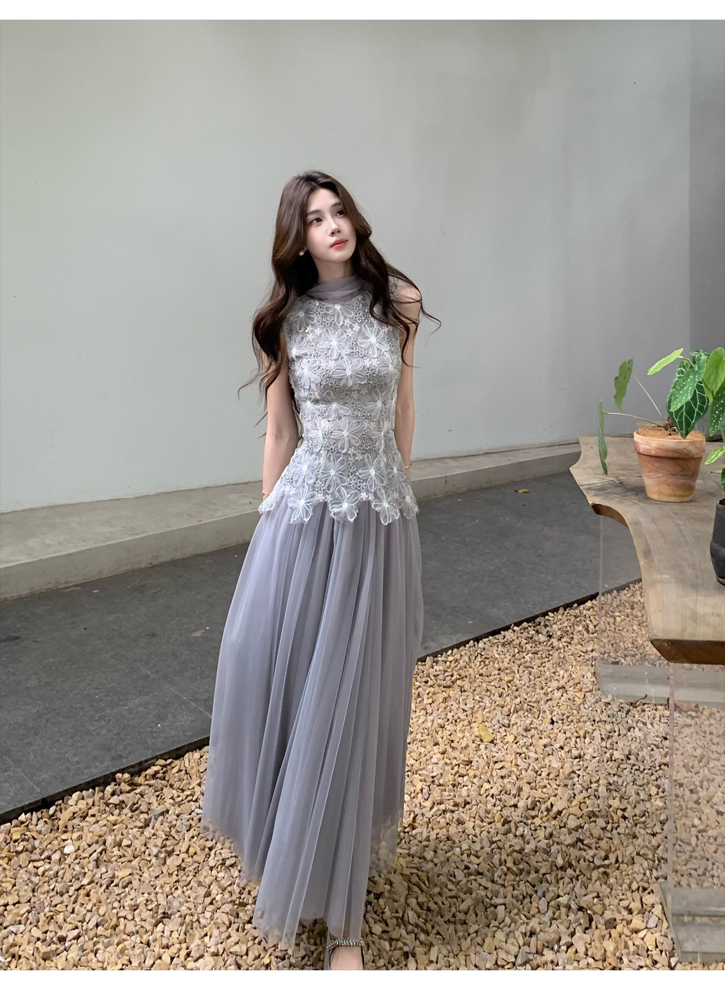 무쯔리 목자이 ~ 중 리 감기 품격 디자인 센스 3 차원 꽃잎 레이스 망사 패치워크 민소매 허리 수축 맨위 여성 여름