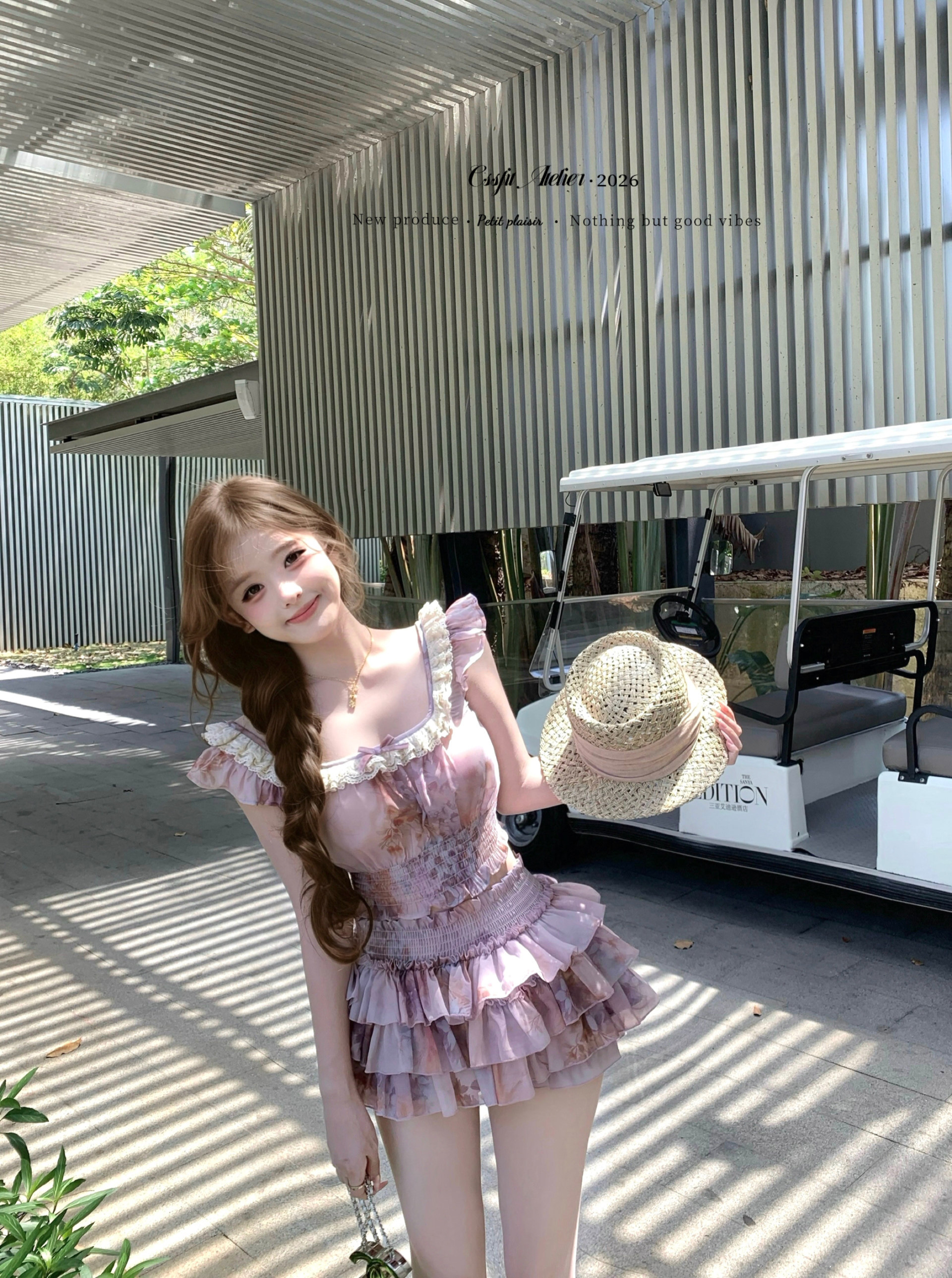 늦게 우산 우산 26 ss 향기로운 백주 Cypress 우아한 히아신스 보라색 꽃무늬 허리 수축 명중 가져 가라. 맨위 케이크 드레스 미니 스커트 세트 여성