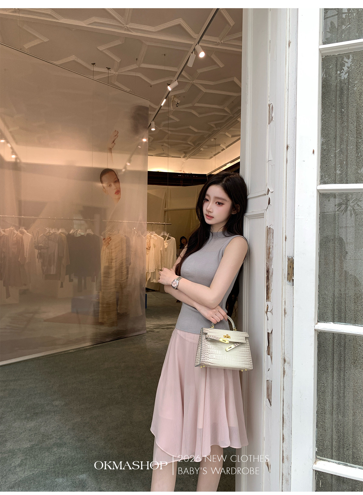 okmashop 빛 연 주형 한 부서 세트 여성 여름 몸매 가꾸기 니트 스웨터 맨위 쉬폰 반 스커트 투피스 세트