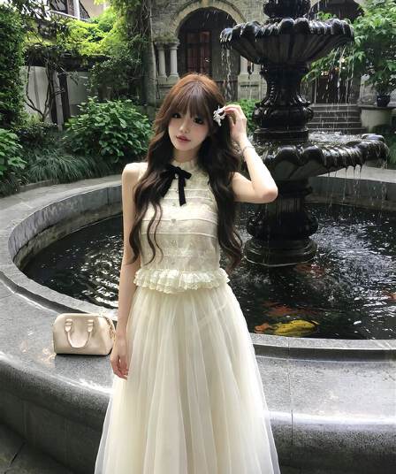 품격 전체 집합 ootd 착용 가져 가라. 천 금빛 바람 디자인 센스 레이스 민소매 맨위 반 스커트 투피스 슈트 2026 여름