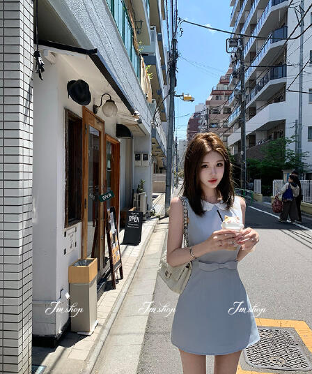 jmshop 윈저 미스 tr 사선 무늬 웨스트 로드 중 베이비 칼라 여성 드레스 허리 수축 슬림해 보이는 민소매 조끼 스커트