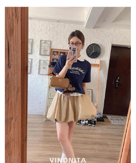 여름 자수 순면 맨위 플러스 퍼프 미니 스커트 작은 키 슈퍼 화재 카키 색 꽃밭 반신 치마 세트
