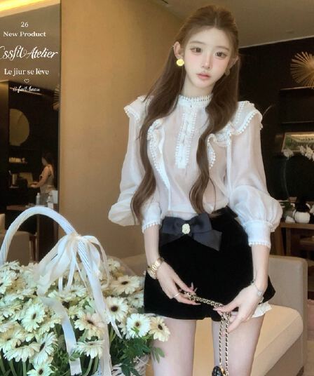 늦게 우산 우산 26ss 공주 클럽 zim 주간 실크 라이 경기 서울 자수 프릴 셔츠 벨벳 반바지 세트
