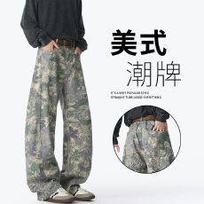 批发<b class='q'>日系</b><b class='q'>复古</b>迷彩工装裤男款春季美式高街vibe重磅裤子直筒阔腿伞兵裤
