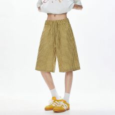 批发<b class='q'>日系</b><b class='q'>复古</b>格子短裤 百搭抽绳宽松垂感休闲格纹裤男女