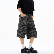 批发美式复古水洗多口袋工装<b class='q'>迷彩</b>七分<b class='q'>裤</b>男女直筒宽松阔腿休闲短<b class='q'>裤</b>国潮
