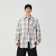 批发美式复古长袖格子衬衫<b class='q'>男生</b>春秋季新款宽松潮流衬衣青少年外套