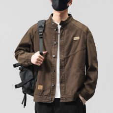 批发2025纯棉新款男士无领夹克外套<b class='q'>商务</b><b class='q'>休闲</b>复古宽松夹克痞帅立领上衣