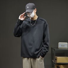 批发2025秋季新品纯色简约拼接长袖T恤男卫衣宽松设计感上衣