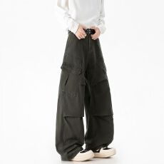 批发<b class='q'>日系</b><b class='q'>复古</b>杏色褶皱工装裤休闲裤男秋宽松直筒阔腿裤高街痞帅长裤