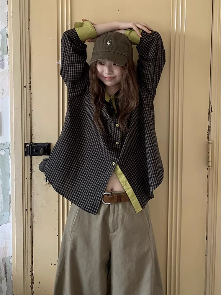 아니요 실사 배색 격자 무늬 셔츠 여자 2026 새로운 스택 착용 인사이드 가져 가라. 긴팔 프랑스식 맨위