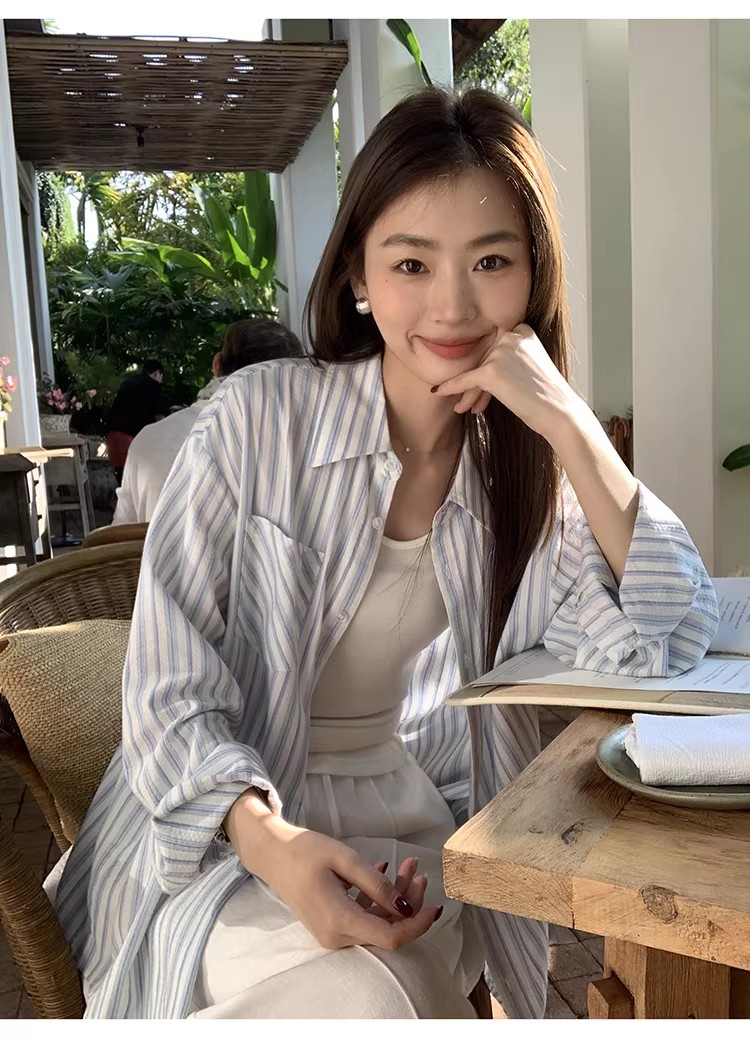 아니요 실사 스트라이프 긴팔 여성 셔츠 한 부서 루즈핏 느긋한 작은 대중 외부 가져 가라. 자외선 차단 맨위