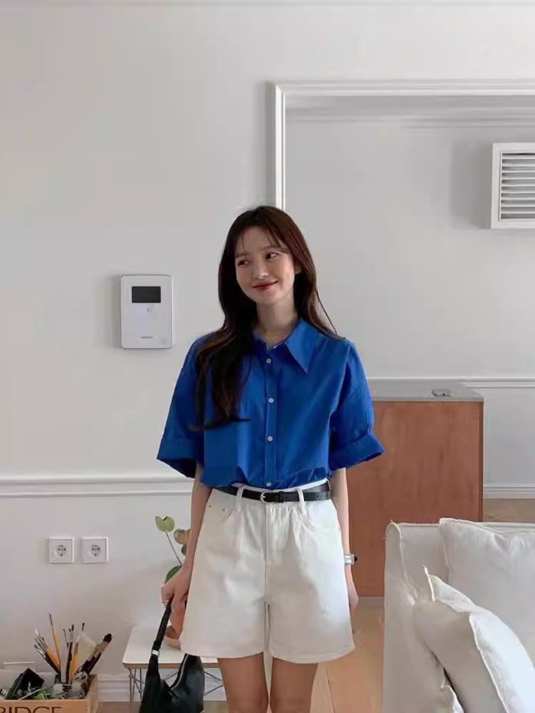 아니요 실사 톰 글 래 원인 블루 반팔 여성 셔츠 여름 고급 센스 품격 순면 맨위 외국 가스 셔츠