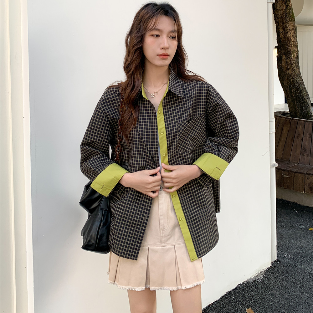 实拍 撞色格子衬衫女款2026新款叠穿内搭长袖法式上衣