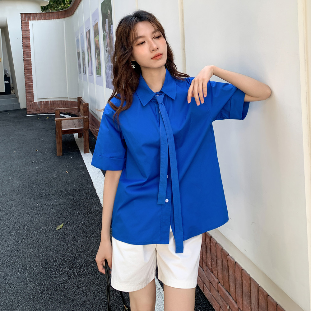 实拍 克莱因蓝短袖衬衫女夏季高级感气质百搭上衣洋气衬配领带