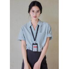 批发不是实拍 蓝色短袖<b class='q'>衬衫</b>女法式气质通勤V领上衣女面试职业装