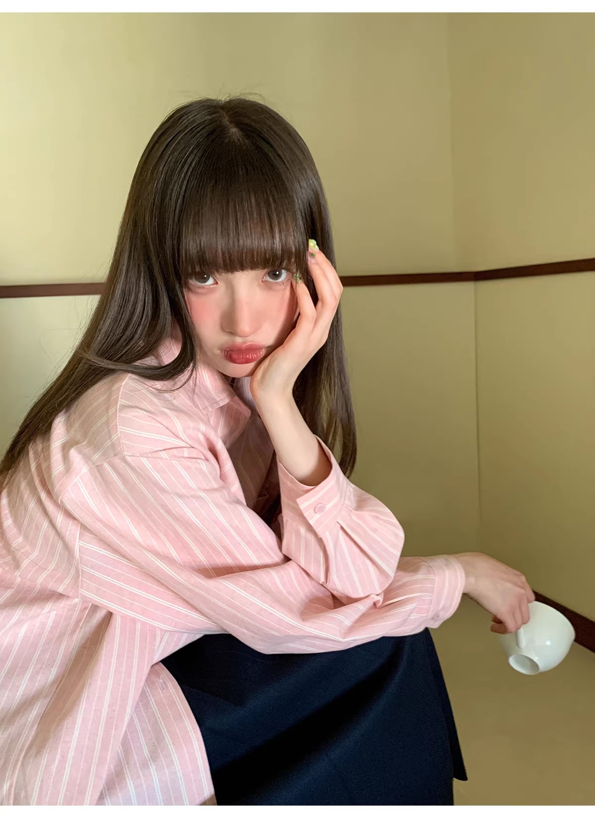 아니요 실사 한 부서 작은 대중 폴로 칼라 스트라이프 긴팔 여성 셔츠 봄 고유 한 Chic 작은 셔츠 품격 맨위