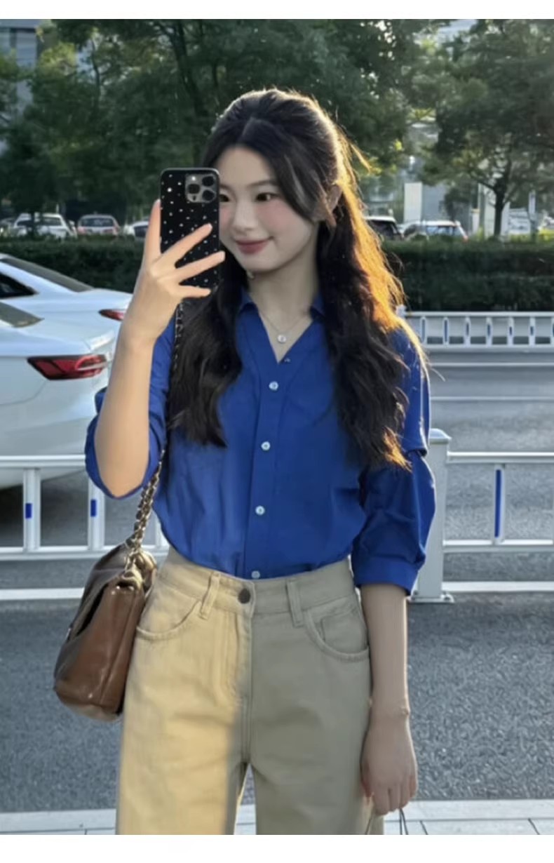 아니요 실사 윌 오목함 모델링 ~ 중 여성 셔츠 2026 여름 폴로 칼라 거품 소매 허리 수축 셔츠