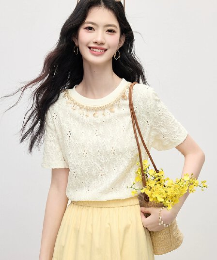 희 세계 달콤한 바람 연령 감소 무거운 작업 빈 자수 비딩 둥근 목 티셔츠 맨위 여성용 짧은 소매 2025 여름 새로운